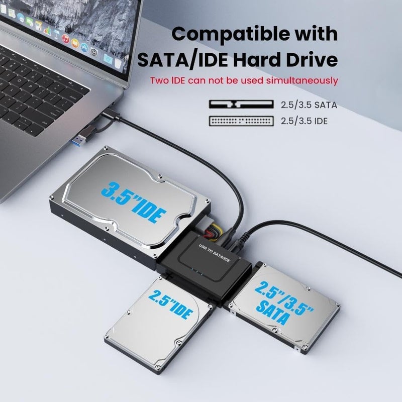 DELXING USB 3.0 to IDE SATA Adapter, USB Type C Hard Drive Reader External HDD Converter for 2.5/3.5 inches IDE SATA HDD SSD, 12V/2A Power Adapter Included - Image 2